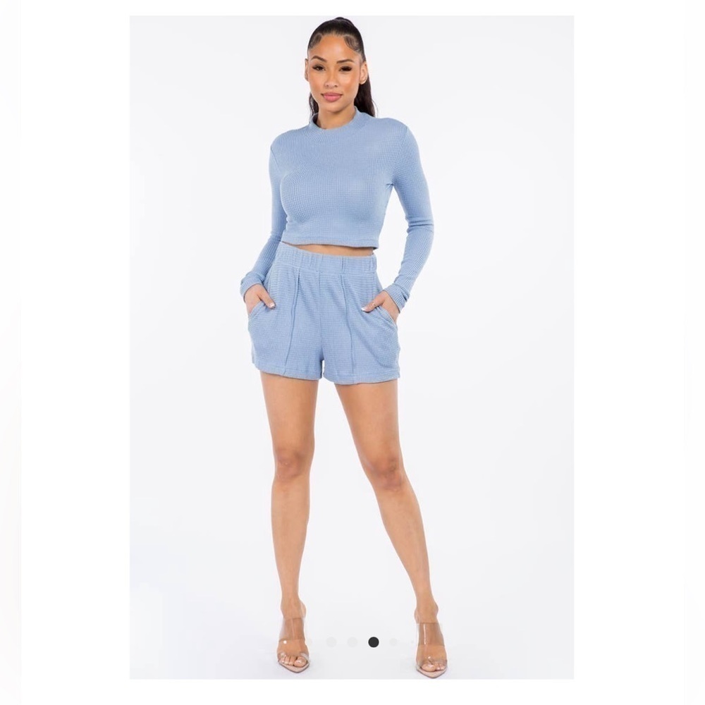 Verrocci Slate Blue  Waffle Knit Top & Shorts Set